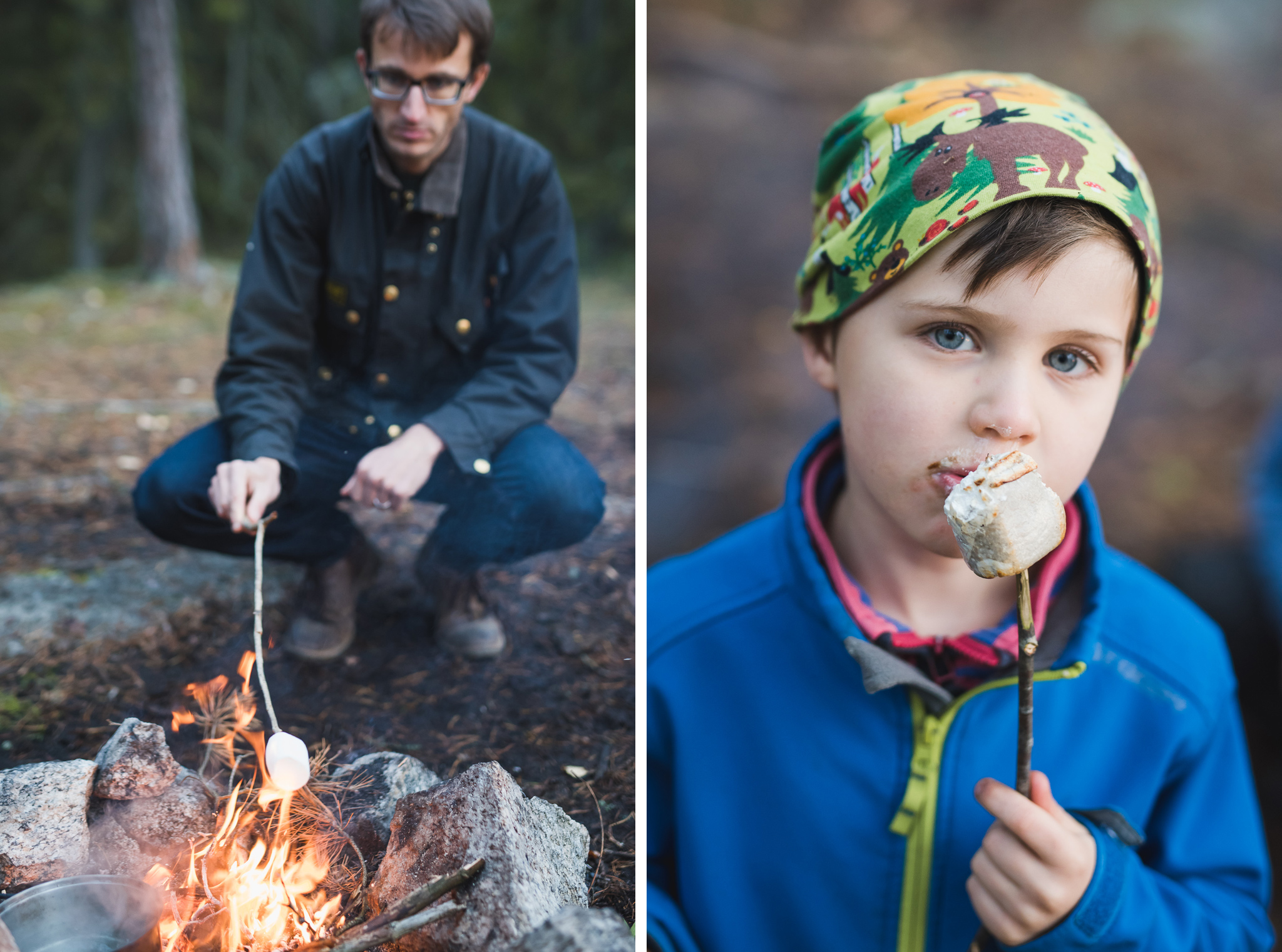 familj grillar marshmallows over oppen eld
